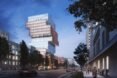 rendering of tall staggered tower on a university campus
