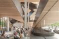 rendering of college students studying in chairs in room with glass walls