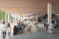 rendering of college students walking and talking in room with wood ceilings and glass walls