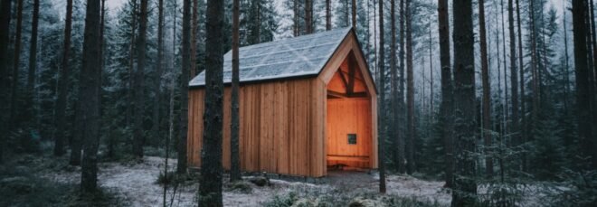 timber gabled shelter in a forest