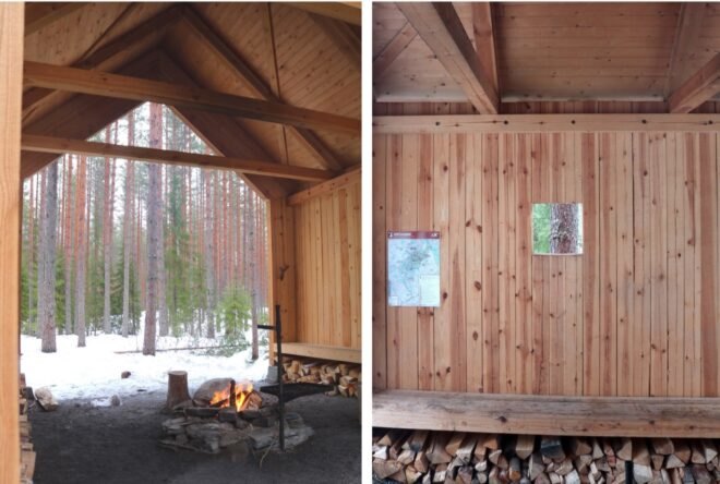logs underneath benches around a firepit