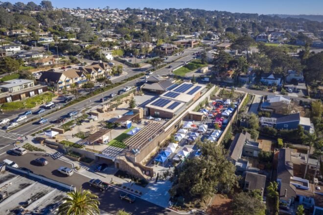 aerial view of solar-powered town hall buildings