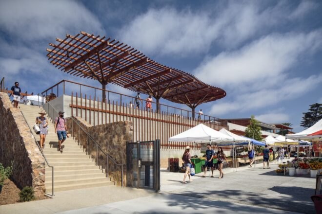 farmers market tents in a walkway