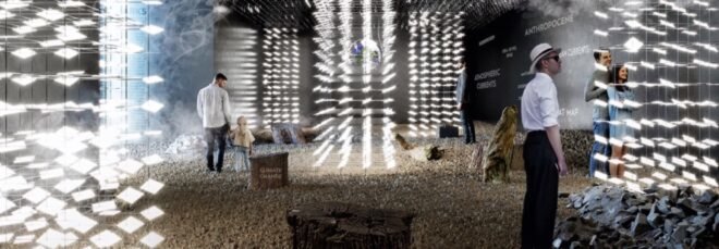 rendering of dark room with people looking at art