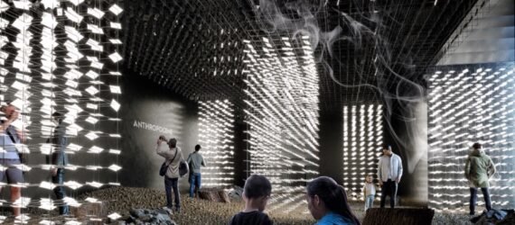 rendering of dark room with lit wire exhibits