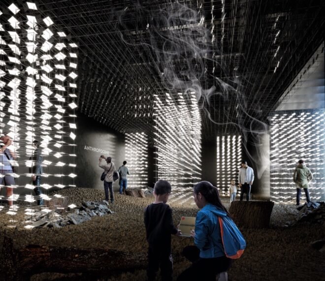 rendering of dark room with lit wire exhibits
