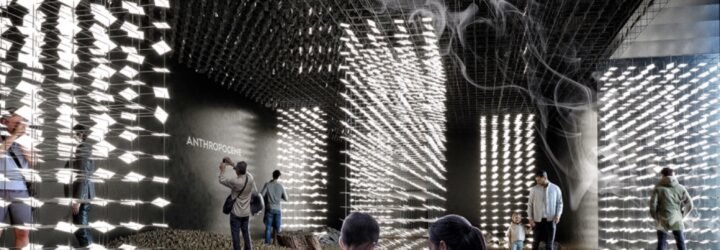 rendering of dark room with lit wire exhibits