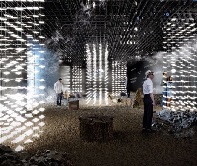 rendering of dark room with people looking at art