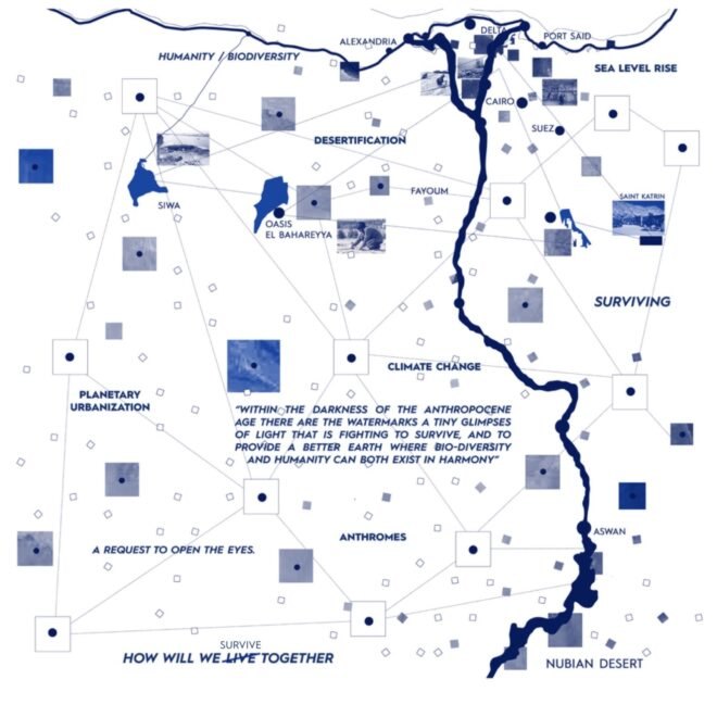 map with different environmental words posted around it