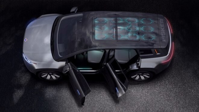 aerial image of gray SUV with solar roof and open doors