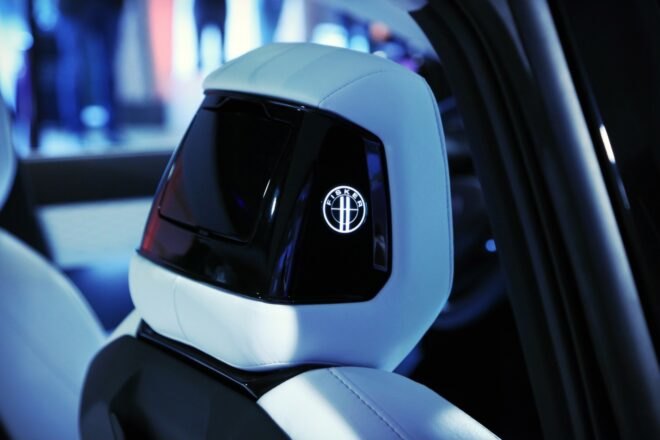 close-up of Fisker label on a car headrest