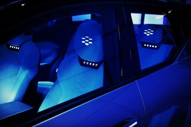 close-up of glowing white seats in an SUV