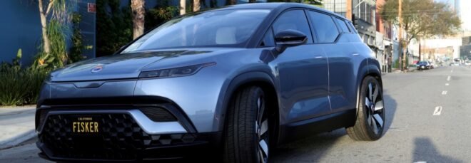gray SUV with license plate that reads, "Fisker"