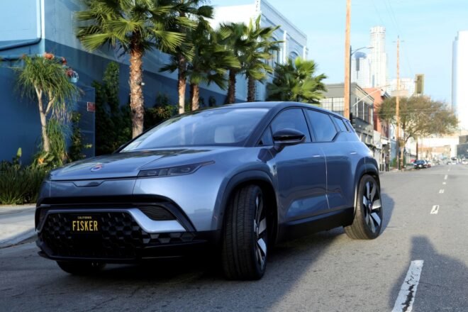 gray SUV with license plate that reads, "Fisker"
