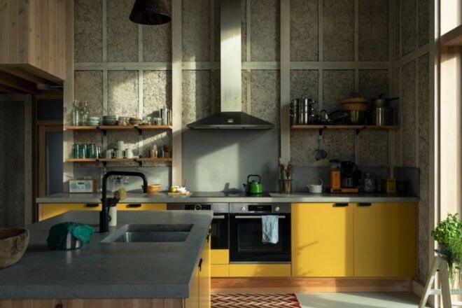 large kitchen with bright yellow cabinets