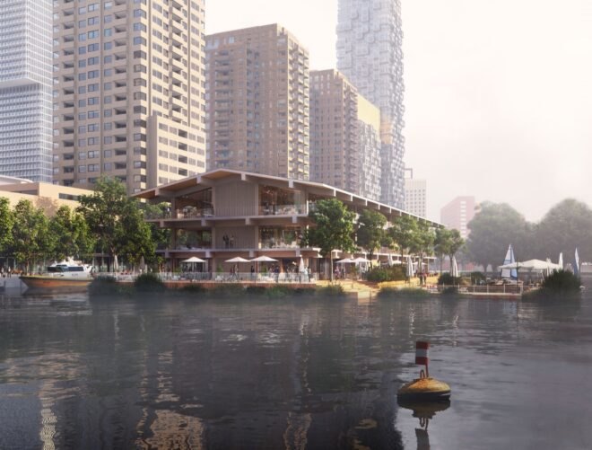 rendering of floating office building with gabled roof and several trees