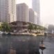 rendering of floating office building with gabled roof and several trees