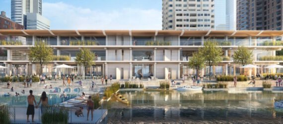 rendering of floating office building with balconies and outdoor lounge areas