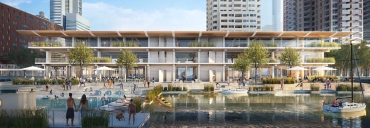 rendering of floating office building with balconies and outdoor lounge areas