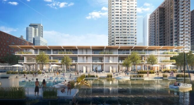 rendering of floating office building with balconies and outdoor lounge areas