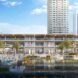 rendering of floating office building with balconies and outdoor lounge areas