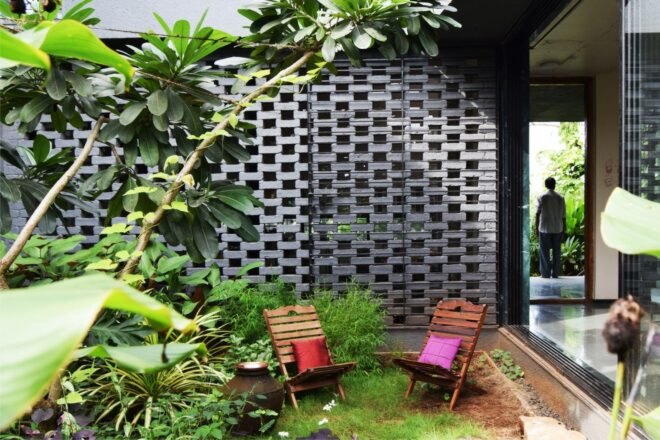 interior living space with concrete screen
