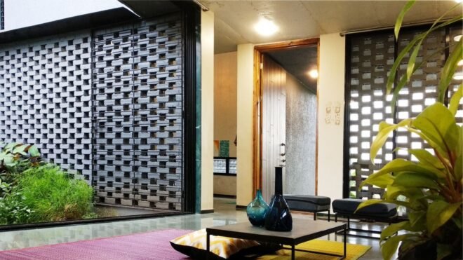 interior living space with concrete screen