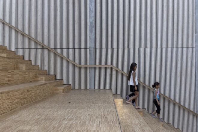 kids walking down wood steps
