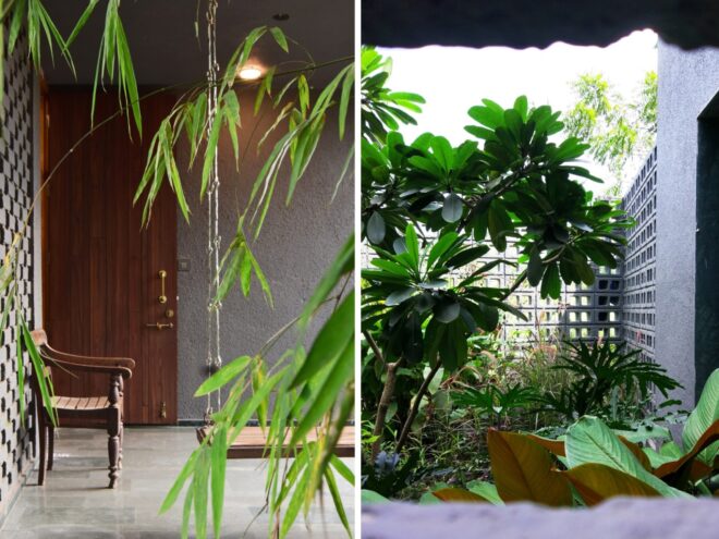 concrete home tucked into greenery