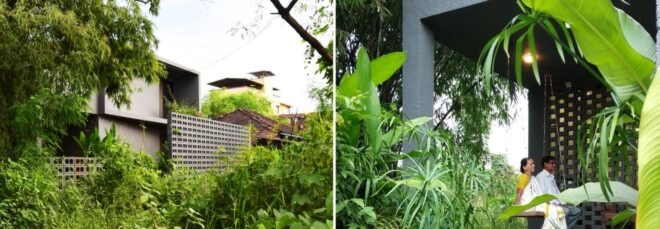 concrete home tucked into greenery