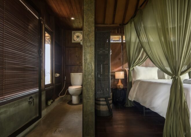 two images: one with bathroom and another with bed