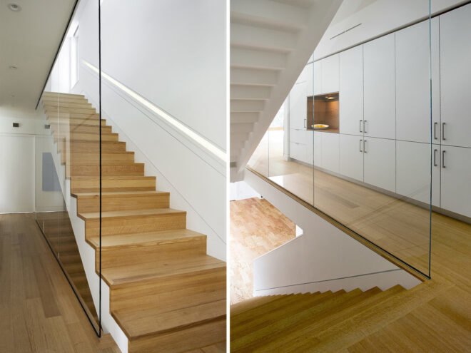 two photos: to the left, a photo of a wooden staircase from the foot of the staircase. to the right, a staircase from the top of the stairs, connected to a hallway