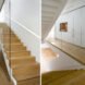 two photos: to the left, a photo of a wooden staircase from the foot of the staircase. to the right, a staircase from the top of the stairs, connected to a hallway