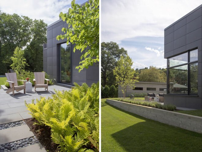 two photos: to the left, a house hidden by green foliage. to the right, a green lawn around a house