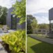 two photos: to the left, a house hidden by green foliage. to the right, a green lawn around a house