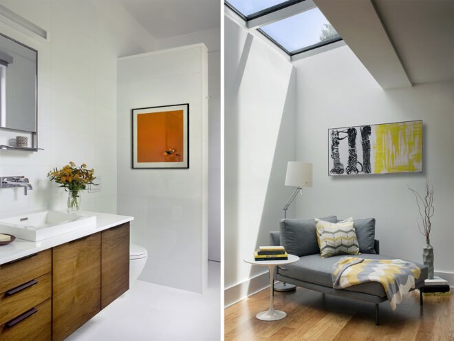 two photos: to the left, a bathroom with mirror, sink and cabinets with white countertops. to the right, a sitting room with a small gray sofa, lamp, art on the wall and a skylight