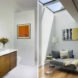 two photos: to the left, a bathroom with mirror, sink and cabinets with white countertops. to the right, a sitting room with a small gray sofa, lamp, art on the wall and a skylight