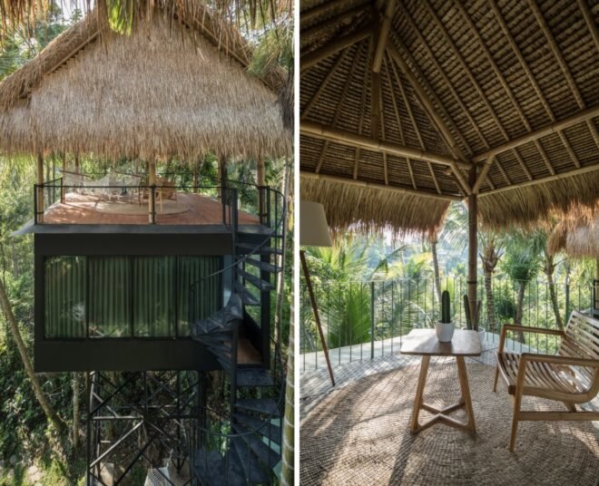 a treehouse with thatched roof