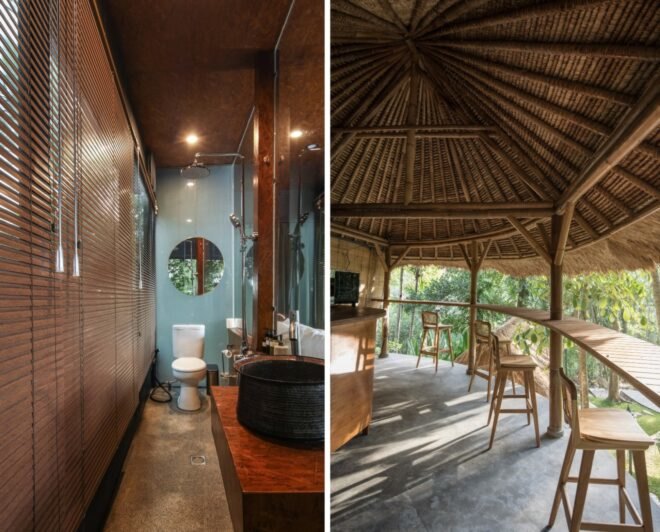 two images: an elongated bathroom and a curved deck