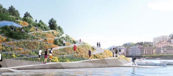 rendering of grassy hill with pathways near a lake