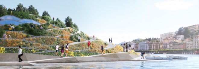 rendering of grassy hill with pathways near a lake