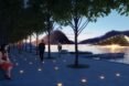 rendering of lit pathway near a lake