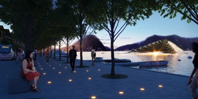 rendering of lit pathway near a lake