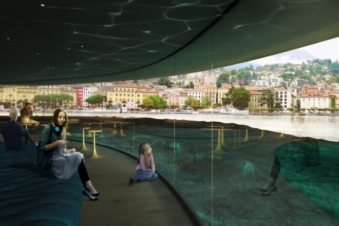 rendering of room with glass walls next to a lake