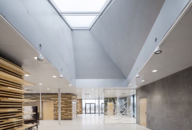 gray interiors with massive skylights