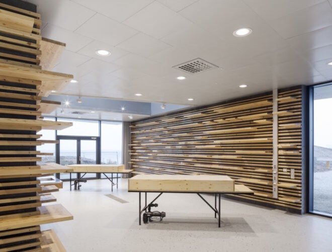 walls with wood slats and wood tables