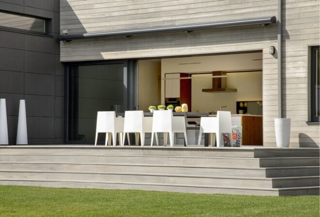 outdoor dining area with large table