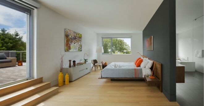 modern bedroom with massive window