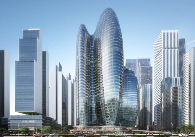 rendering of rounded towers with glass walls