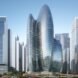 rendering of rounded towers with glass walls